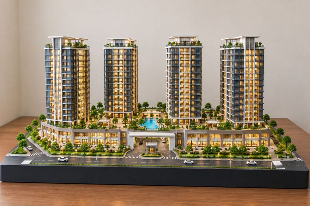 Modern architectural model with four high-rise towers and landscaped podium