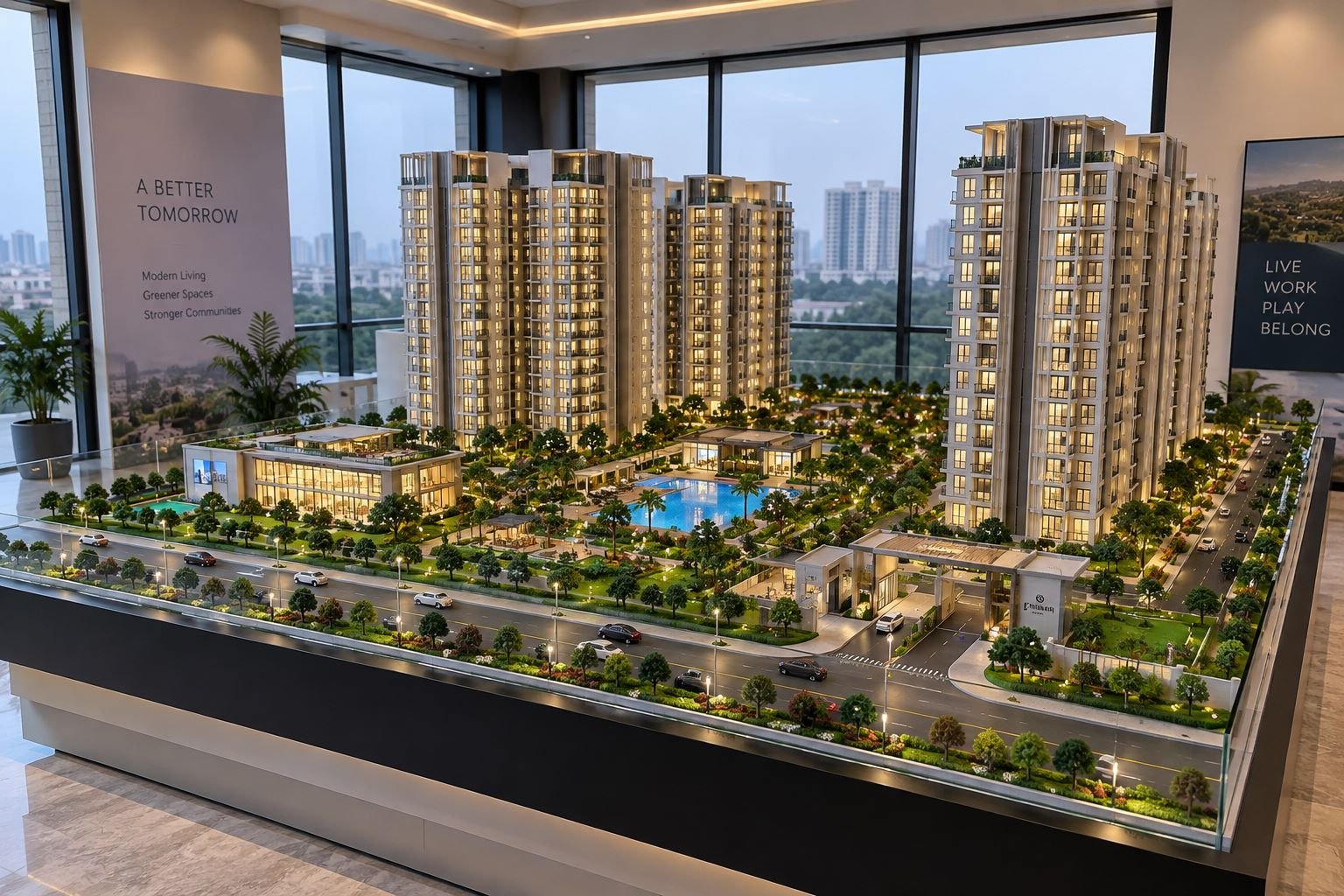 Physical architectural model for client presentation showing residential buildings, landscaping, roads and amenities