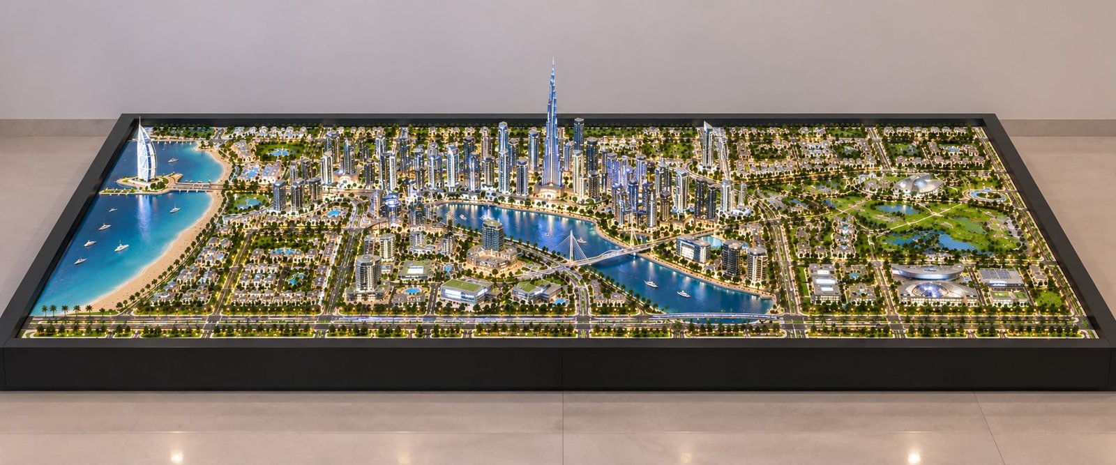 Detailed master plan model with urban buildings, waterfront, roads and landscaped areas