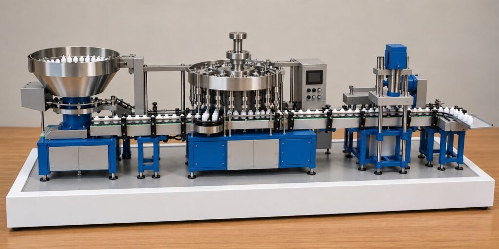 Automatic bottle filling and capping machine engineering model on white baseboard