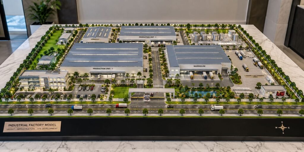 Industrial factory model showing production buildings, warehouse, roads, utilities, parking and landscaping