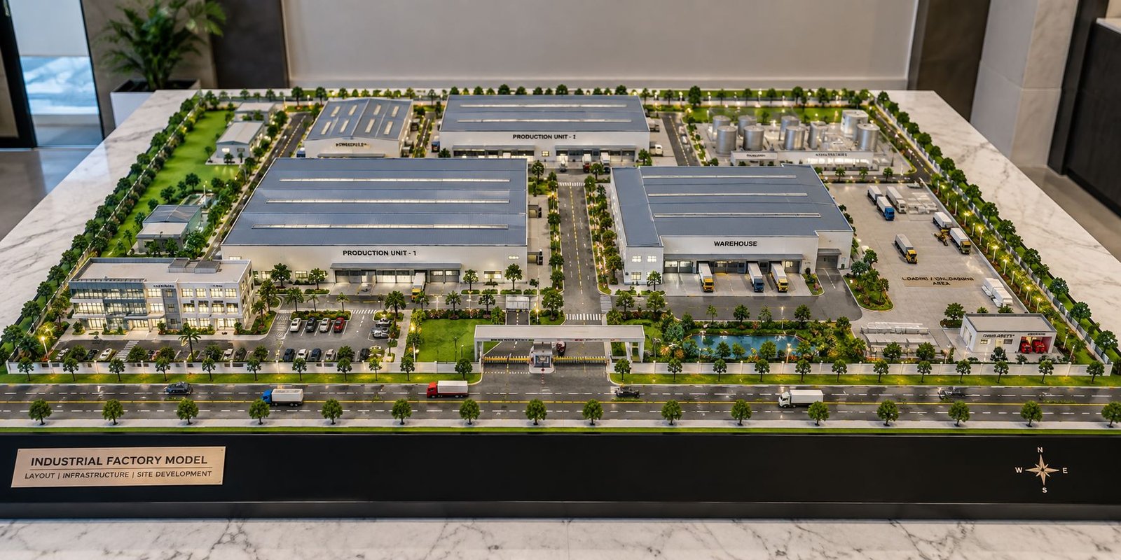Industrial factory model showing production buildings, warehouse, roads, utilities, parking and landscaping