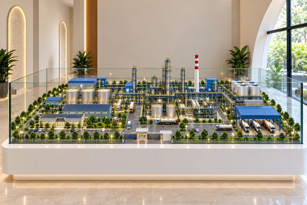 Industrial scale model featuring plant buildings, machinery, storage tanks, and pipe systems