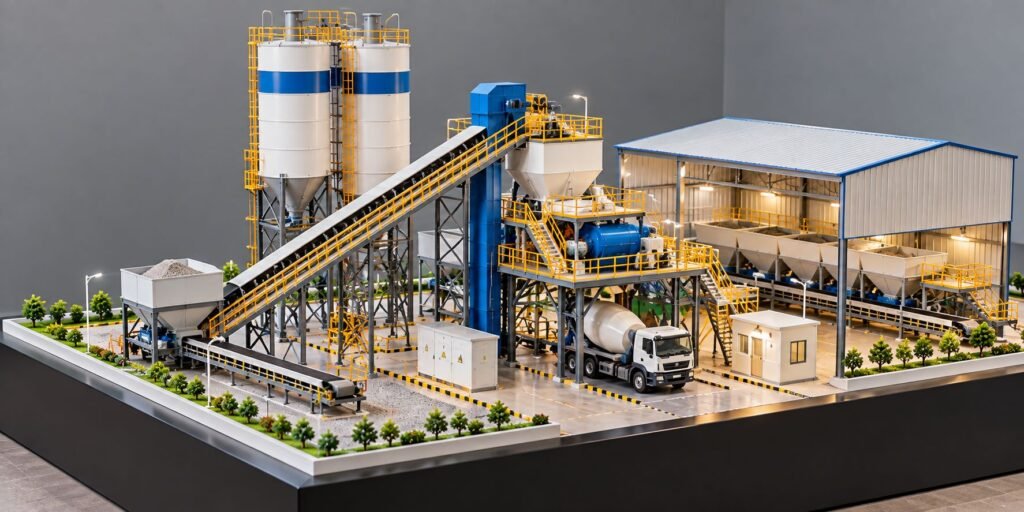 Detailed industrial prototype model with machinery, conveyors, tanks and factory components