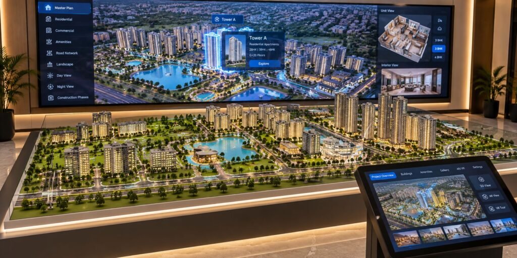 Architectural model with LED screen, 3D projection, AR and VR technology