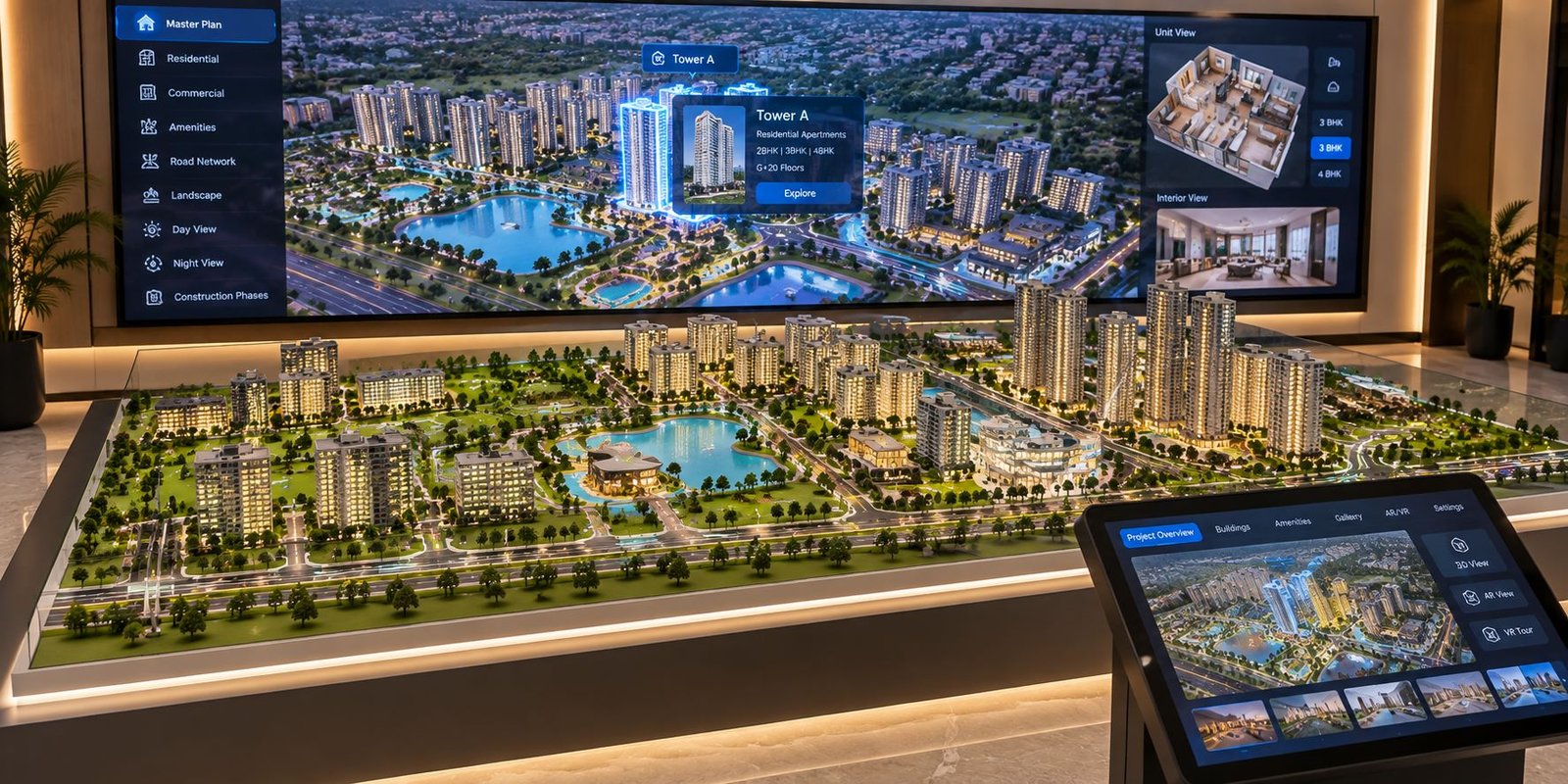 Architectural model with LED screen, 3D projection, AR and VR technology