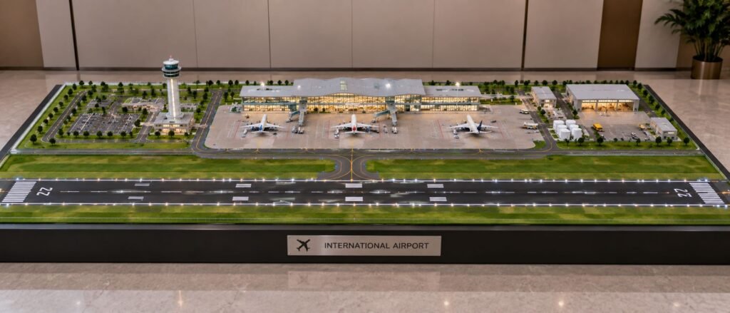 Contemporary airport architectural model with terminal runway aircraft and control tower