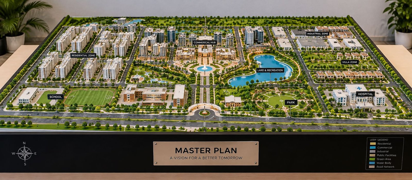 Architectural master plan model showing residential, commercial, industrial and recreational development zones