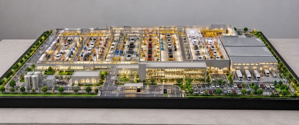 Detailed automobile factory scale model with production lines and industrial machinery