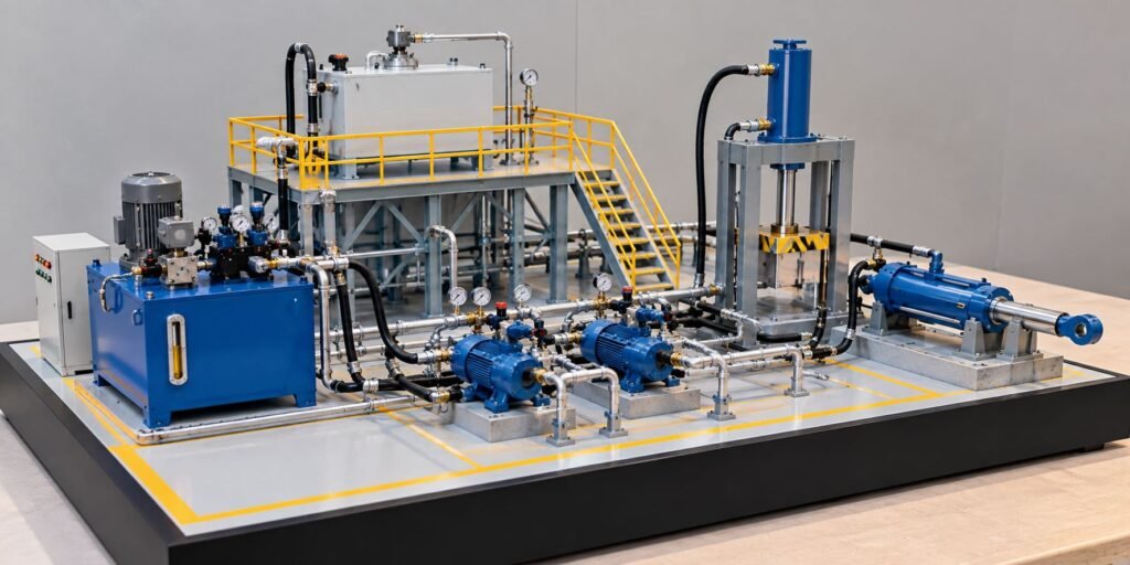 Detailed hydraulic engineering model with pumps, valves, piping, cylinders and industrial equipment