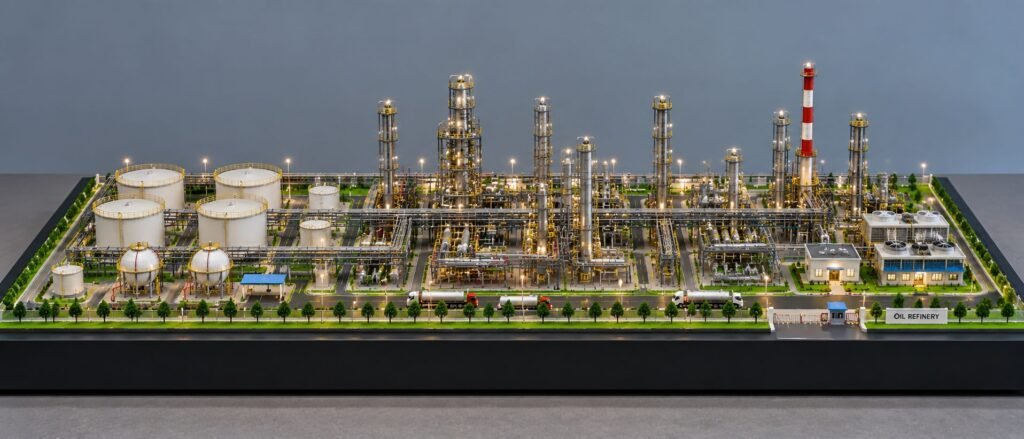 Detailed 3D oil refinery scale model with process units and storage tanks