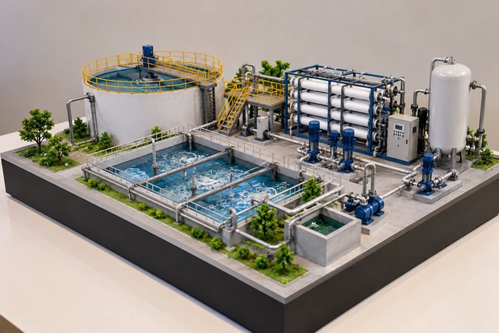 Advanced wastewater treatment plant engineering model with tanks, aeration, pumps and filtration system