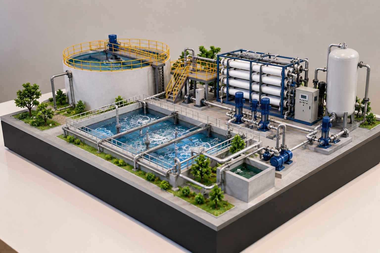Advanced wastewater treatment plant engineering model with tanks, aeration, pumps and filtration system