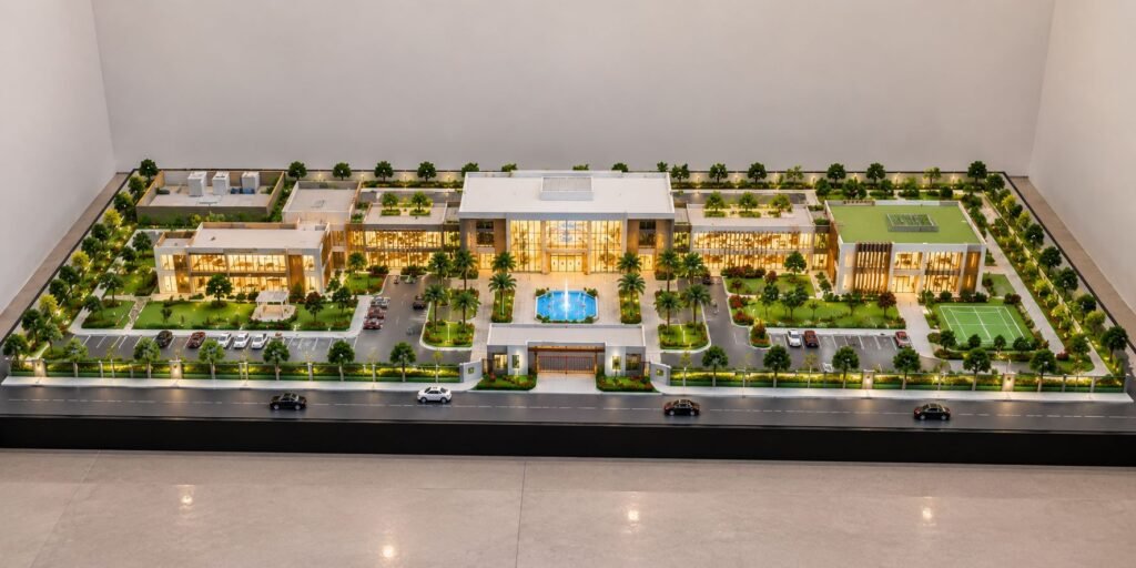 Custom architectural scale model of a wide modern development on a rectangular base
