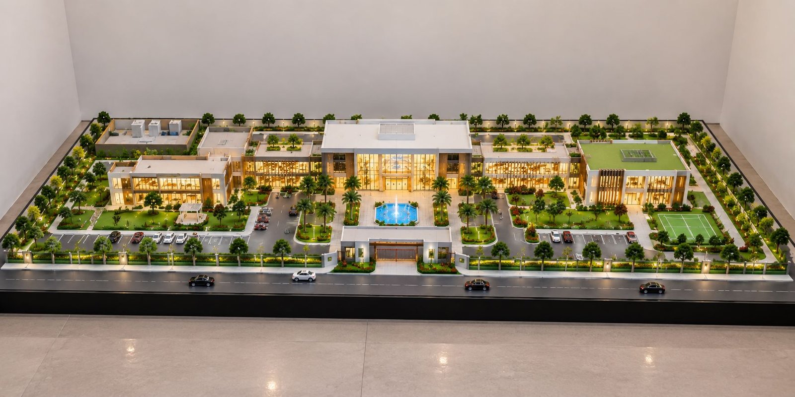 Custom architectural scale model of a wide modern development on a rectangular base