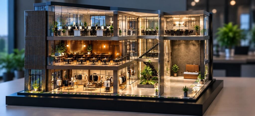 Commercial interior architectural model with detailed 3D interior spaces