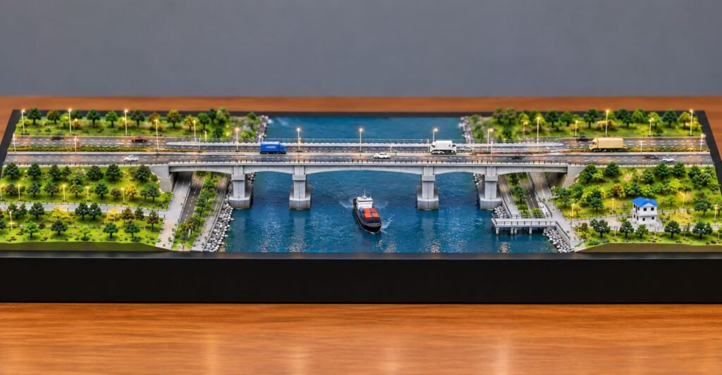 Bridge engineering model with expressway, river bridge and infrastructur