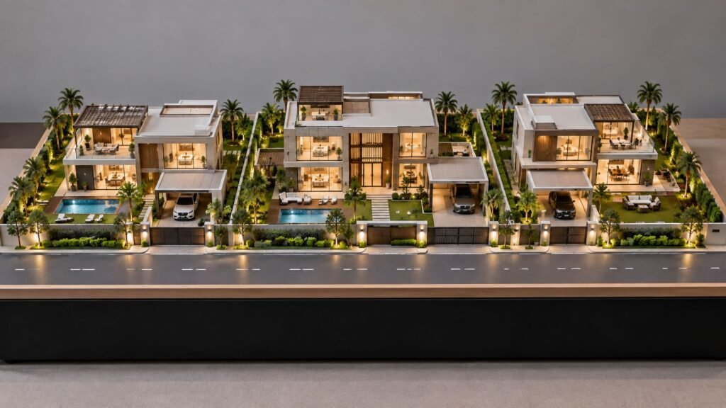 Villa architectural scale model with three luxury villas, road, pool, landscaping and rectangular baseboard
