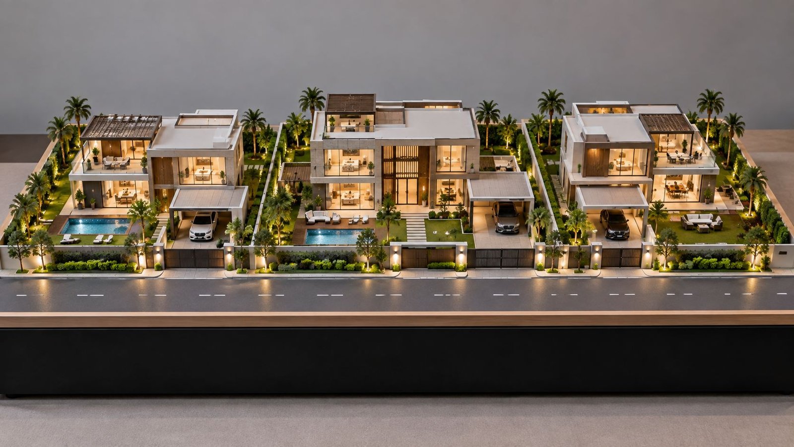 Villa architectural scale model with three luxury villas, road, pool, landscaping and rectangular baseboard