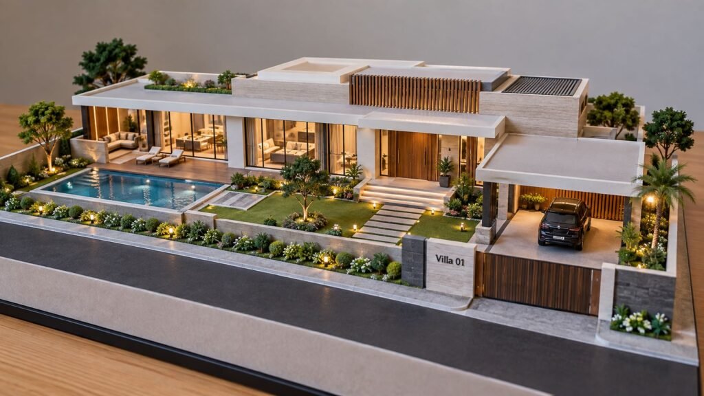 Low-rise villa architectural model with pool, garden and landscaped baseboard