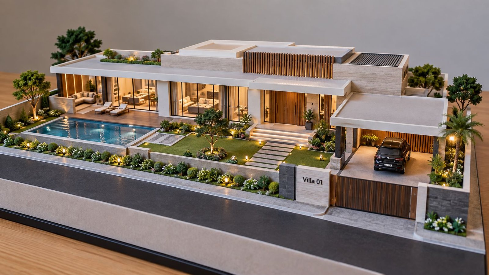 Low-rise villa architectural model with pool, garden and landscaped baseboard