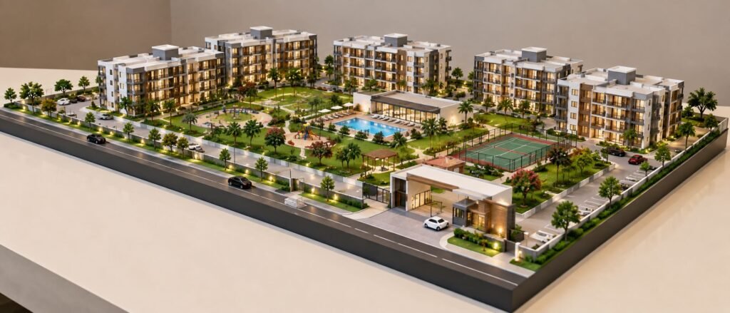 Modern low-rise residential township architectural model with buildings, roads, landscaping and recreational areas
