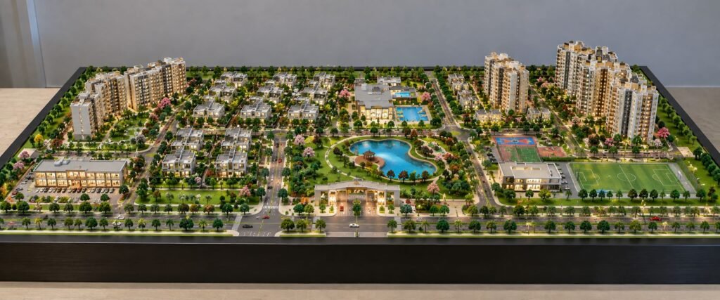 Residential township architectural model with roads, buildings and landscaped areas