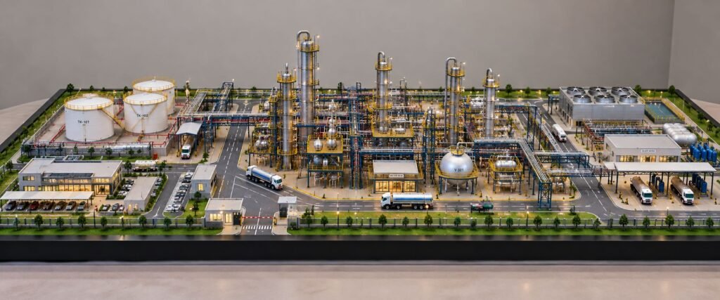 Chemical plant scale model with process towers, piping, storage tanks and industrial facilities