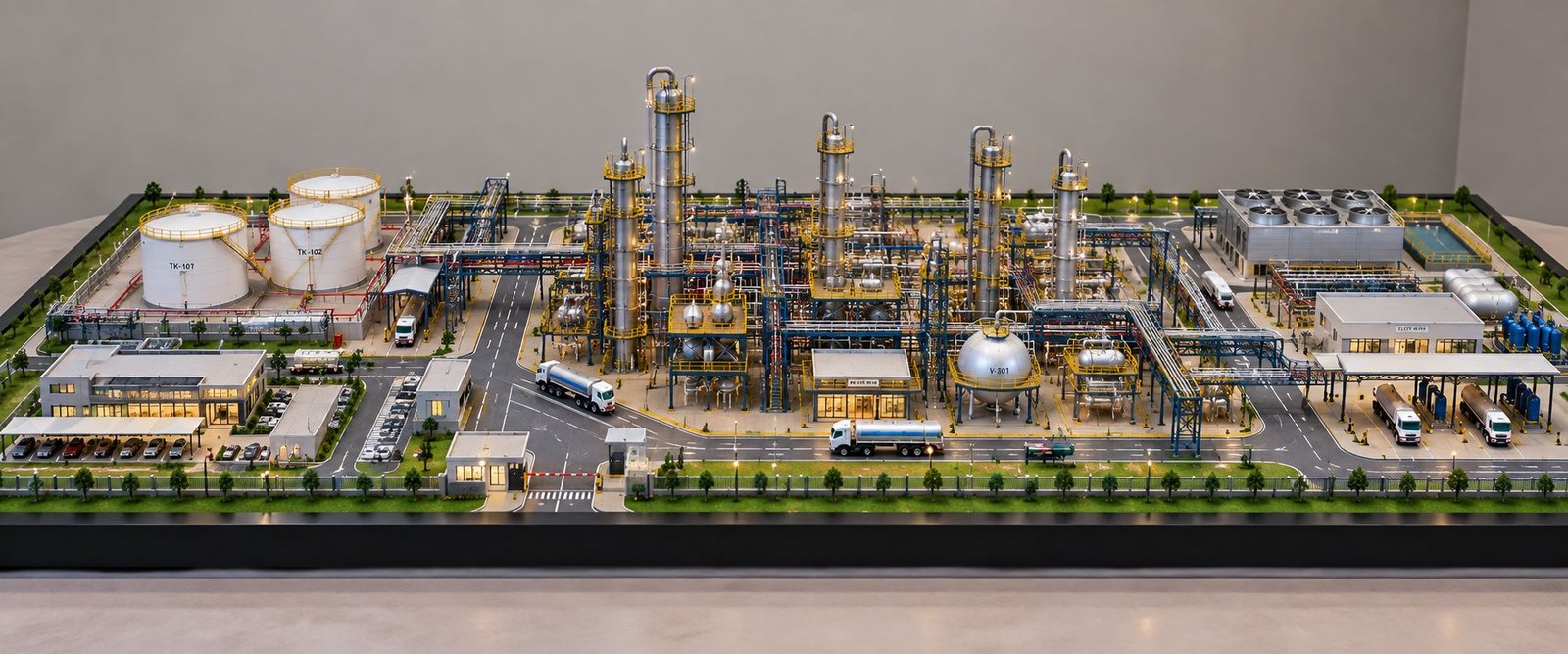 Chemical plant scale model with process towers, piping, storage tanks and industrial facilities