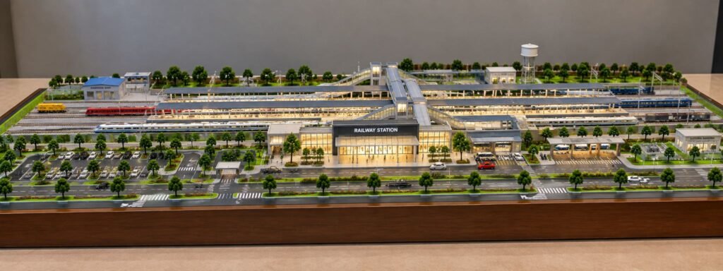 Modern railway infrastructure engineering model with multiple railway tracks, platforms, station building, foot overbridge, roads, and parking