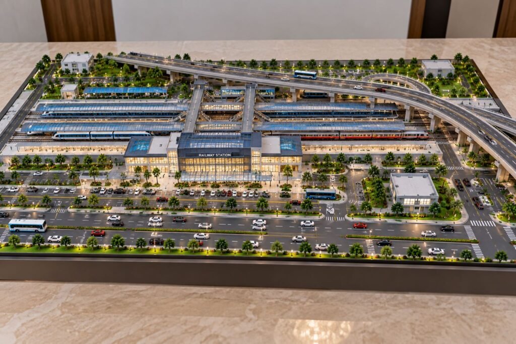 Modern railway station engineering model with roads, railway tracks and elevated flyover