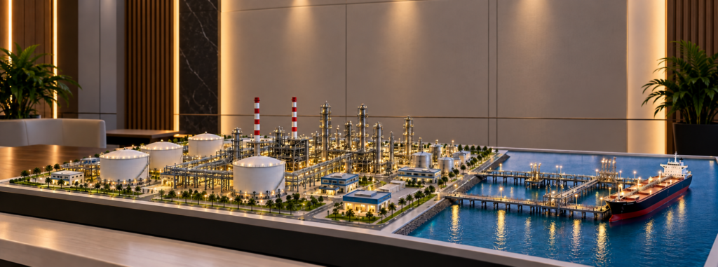 Professional industrial model with storage tanks, process units, pipe racks, towers and roads