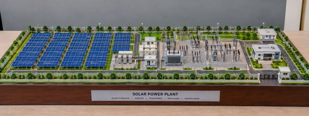 Solar Power Plant Engineering Model with PV Panels, Switchyard and Industrial Infrastructure