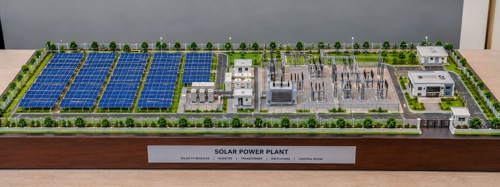 Solar Power Plant Engineering Model with PV Panels, Switchyard and Industrial Infrastructure