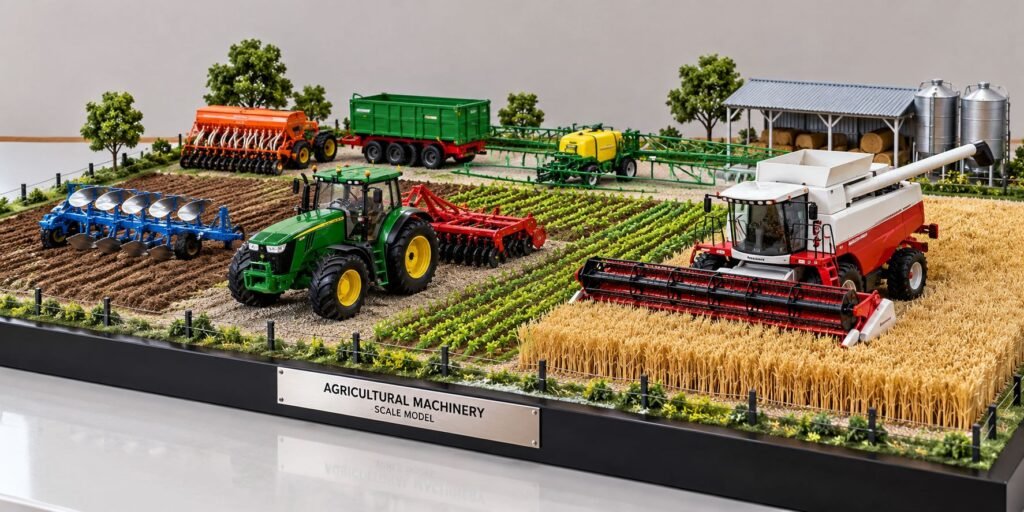 Agricultural machinery scale model with tractor, combine harvester, seed drill, plough, and miniature crop fields