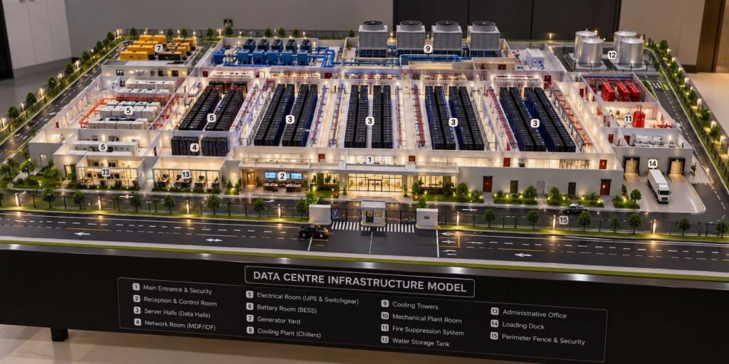 Detailed Data Centre Infrastructure Model with Server Racks, Cooling Systems, Generators and Electrical Equipment