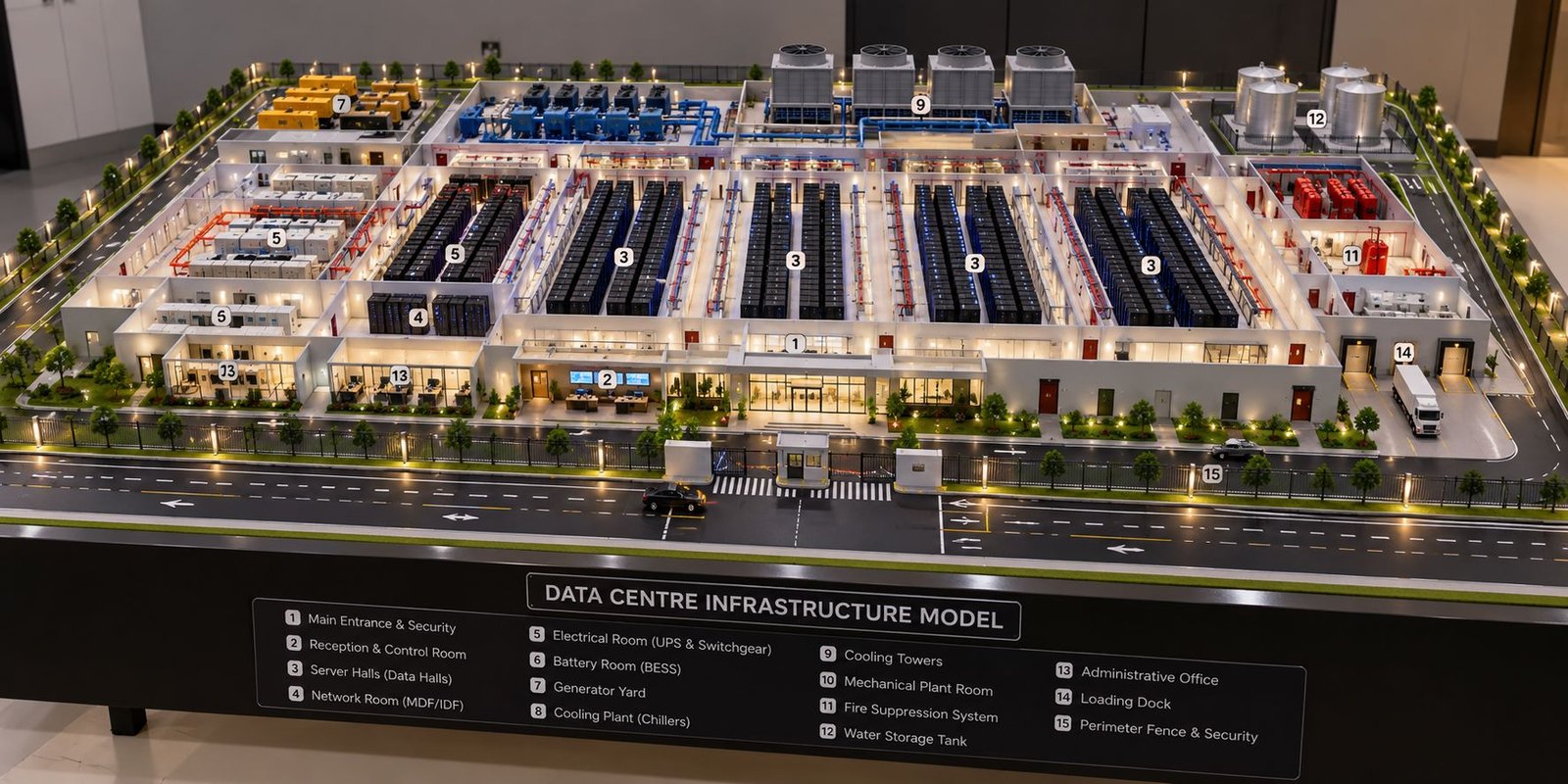 Detailed Data Centre Infrastructure Model with Server Racks, Cooling Systems, Generators and Electrical Equipment