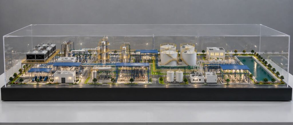 Industrial plant scale model with process machinery, coloured pipelines, storage tanks and utility structures