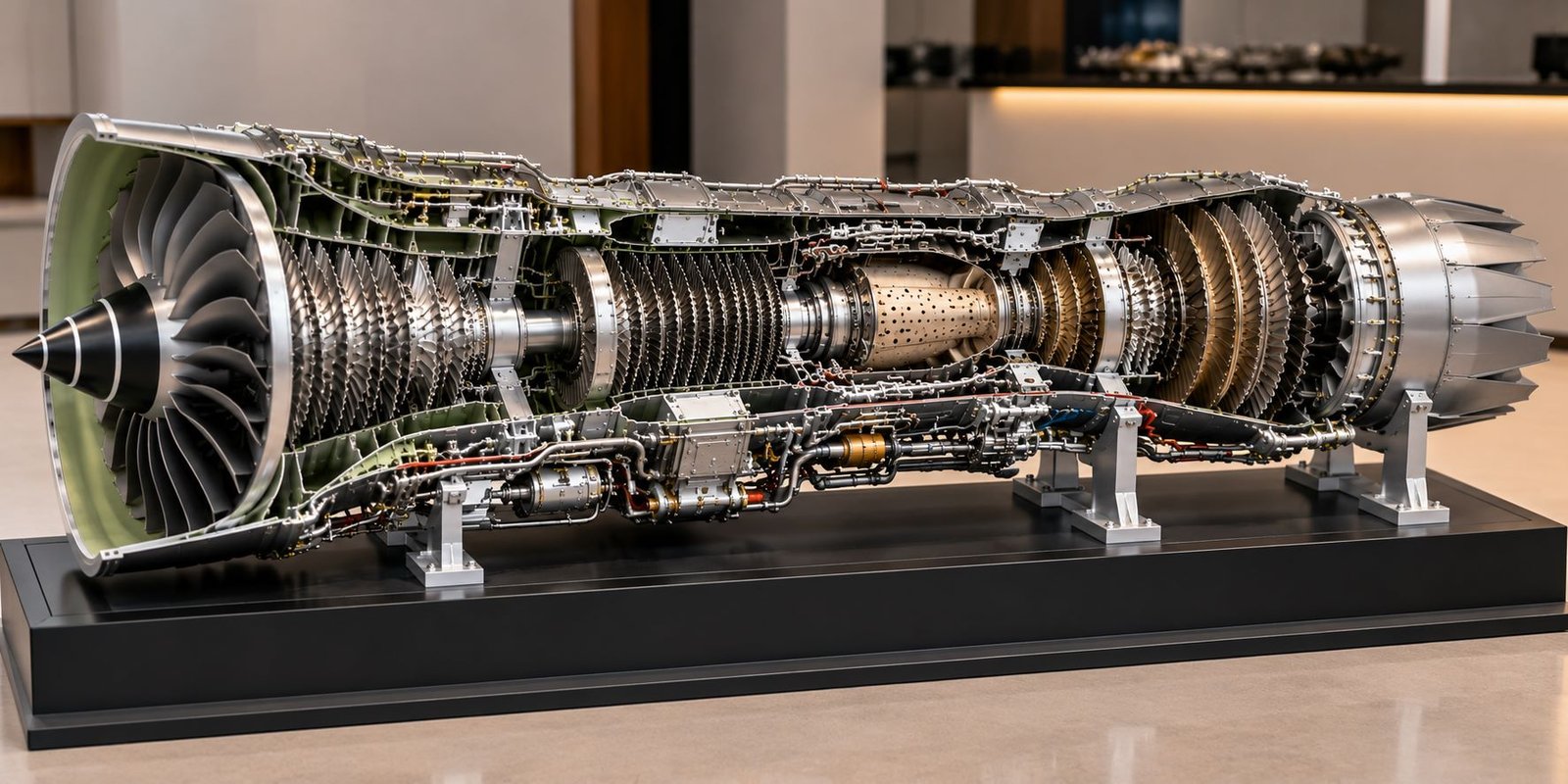 Realistic Jet Engine Cutaway Model Showing Internal Compressor Blades, Combustion Chamber and Turbine Stages