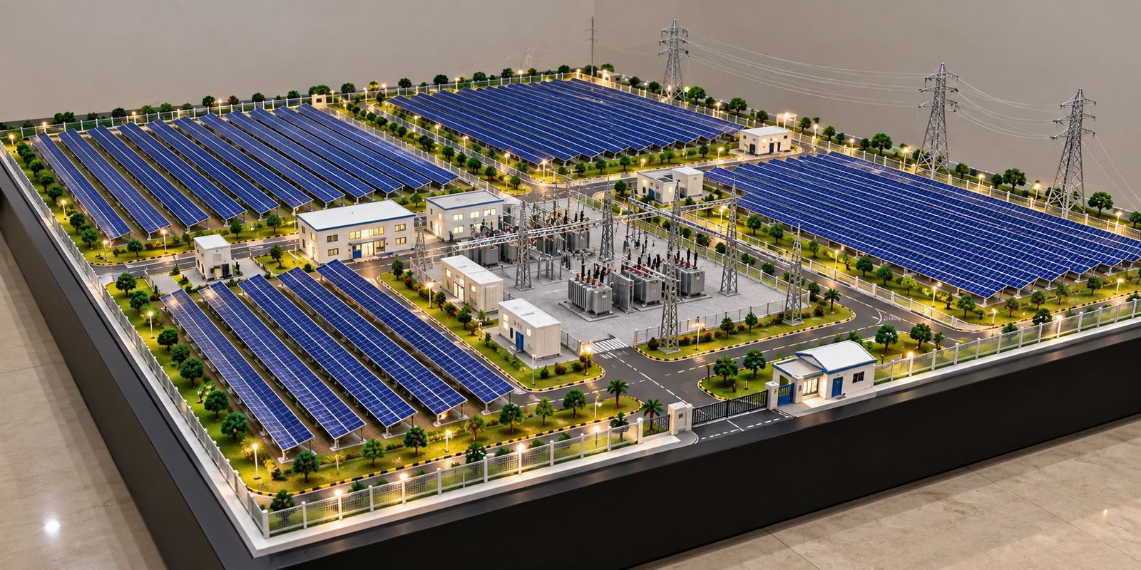 Digital and physical solar plant models showing solar farm layout and electrical infrastructure