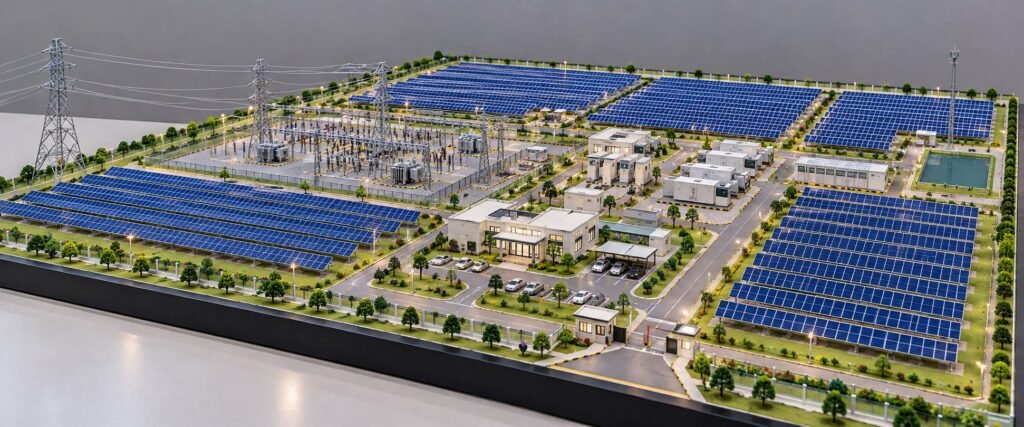 Solar power plant engineering scale model with photovoltaic panel arrays, electrical substation, control buildings, and internal roads