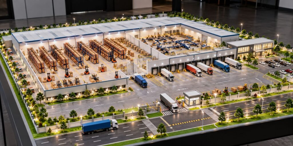 Warehouse and distribution center scale model with storage racks and loading docks