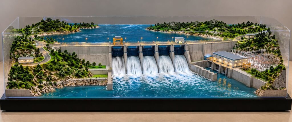 Dam Water Flow Demonstration Model with reservoir and spillway