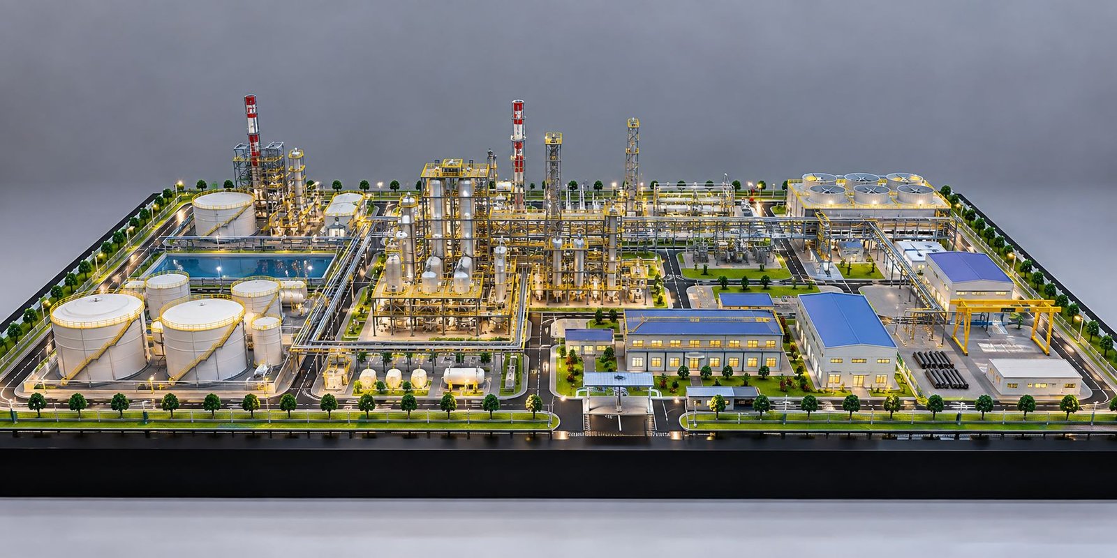 Industrial scale model for EPC project showing refinery equipment and plant infrastructure