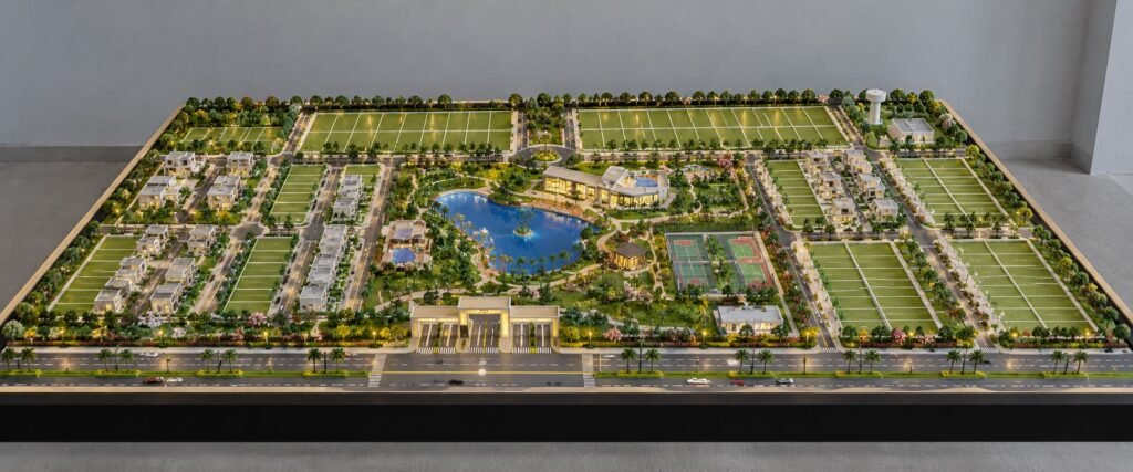 Wide township plot layout presentation model showing residential plots, internal roads, landscaped parks and an entrance gate.