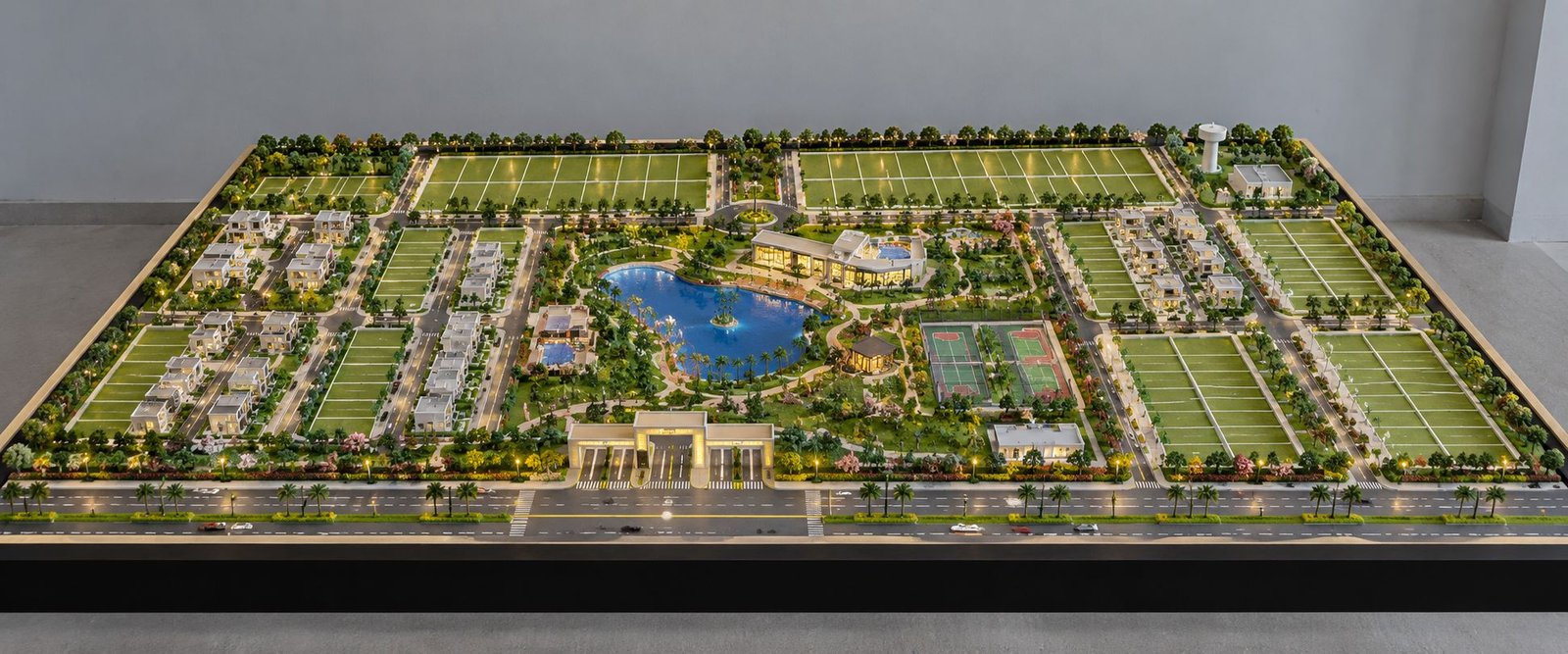 Wide township plot layout presentation model showing residential plots, internal roads, landscaped parks and an entrance gate.