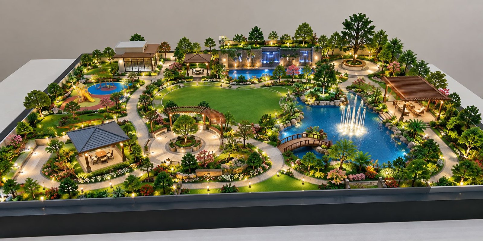 Garden Design Scale Model showing landscaped gardens and water features
