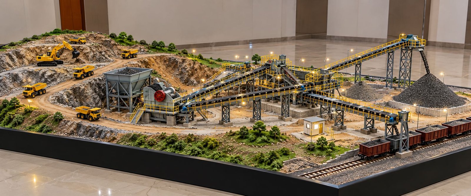 Detailed conveyor-based mining system model with open-pit excavation, crushers, conveyor belts and material handling equipment.