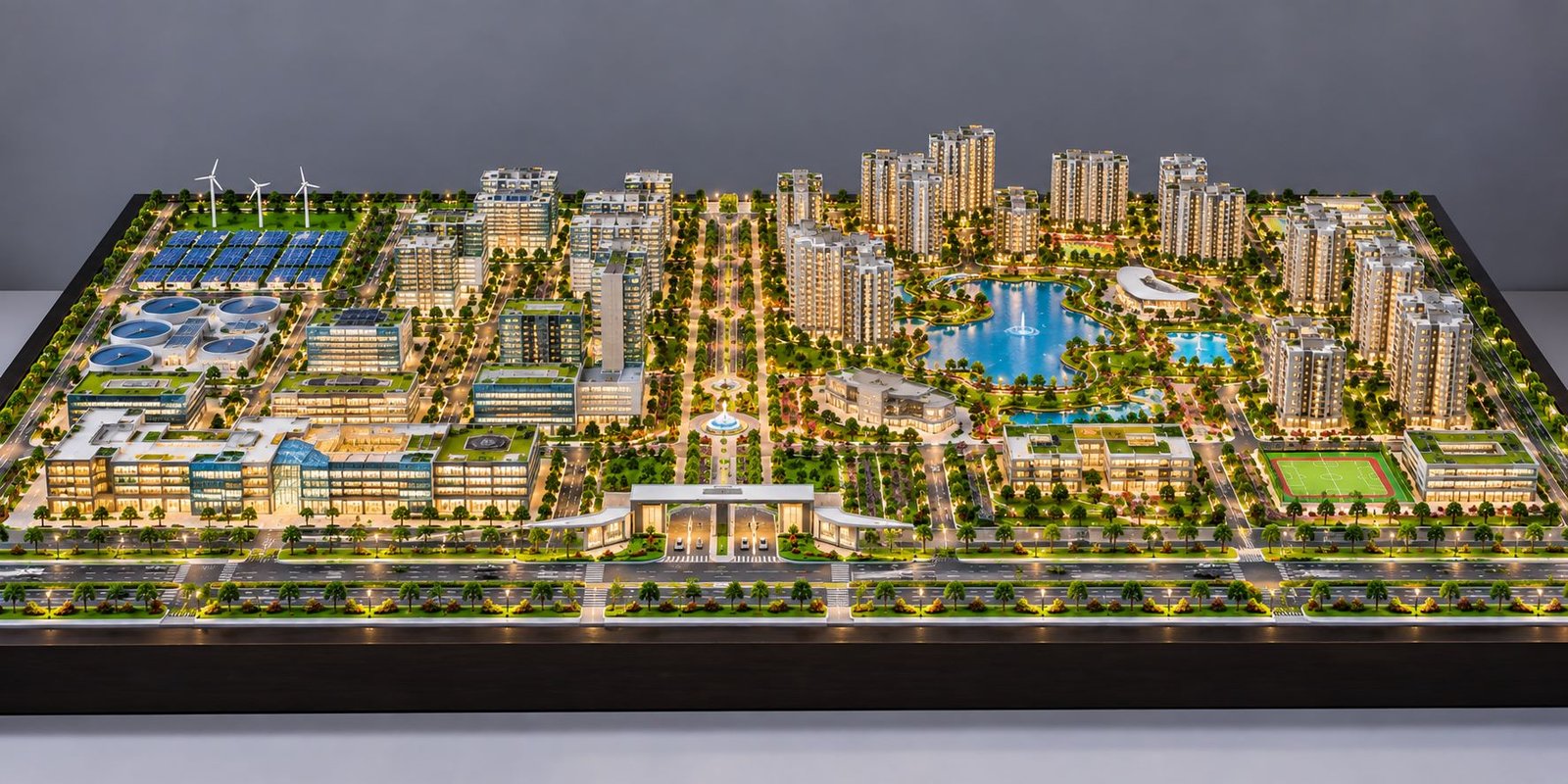 Smart City Architectural Model with Residential Buildings, Roads, Parks and Water Features