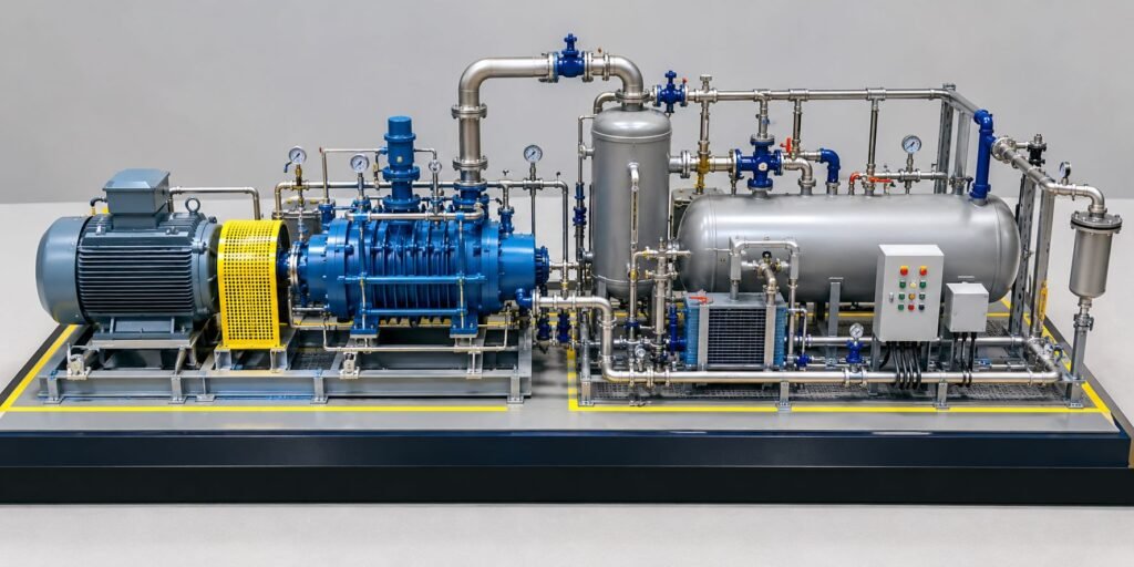 Detailed industrial compressor working model featuring an electric motor, blue compressor, metallic piping, air receiver tank, valves, gauges and control panel.